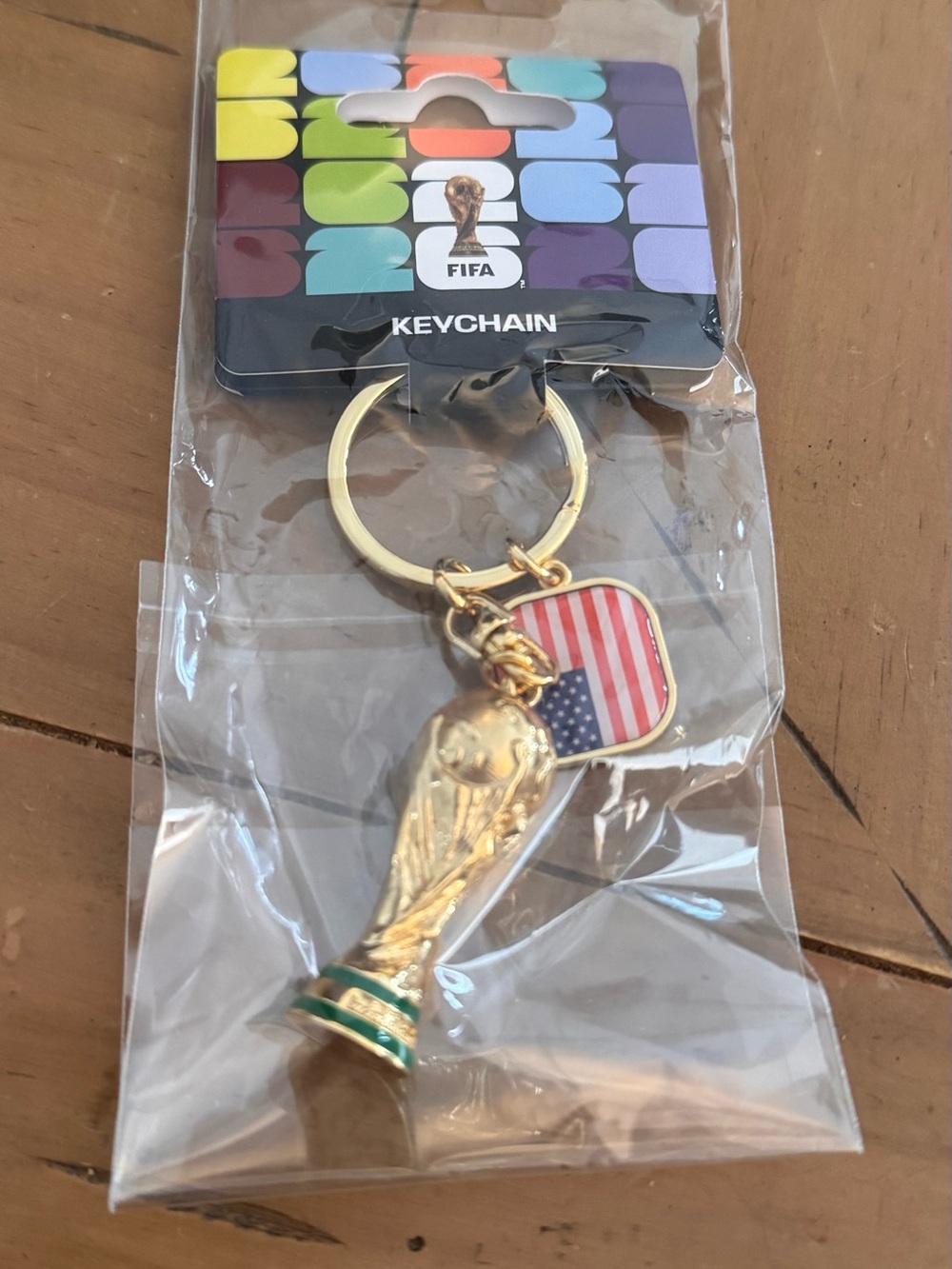 FIFA World Cup Gold Trophy Keychain with USA Flag Charm